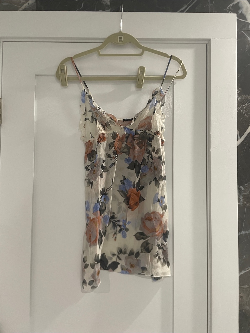 La Fee Verte Floral Silk Camisole Sheer Nightgown with Blue & Pink Blooms